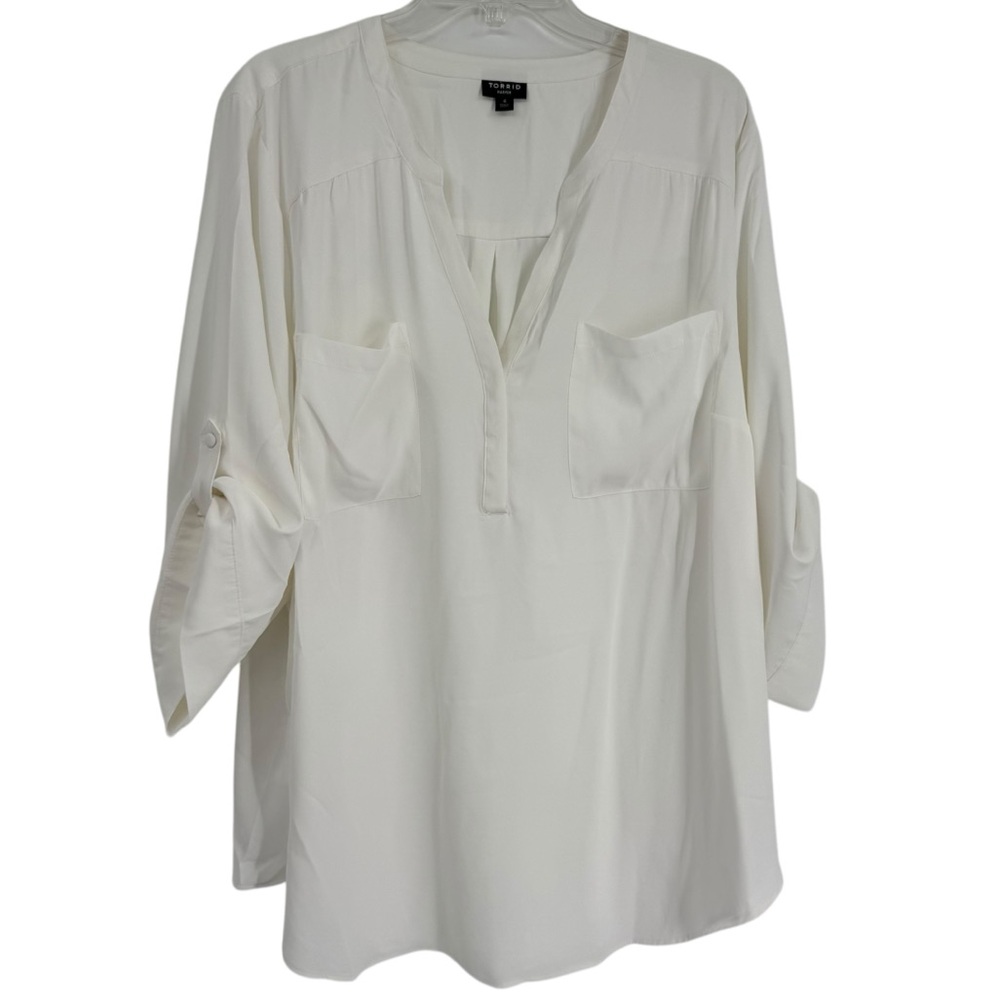 Torrid Womens Harper Button Blouse Size 4X White 3/4 rolltab top career casual